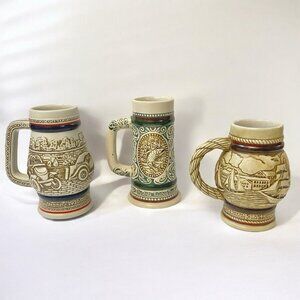 Avon 1980s Mini Beer Steins Classic Cars Antique Ships Hunting/Fishing Lot of 3